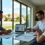 Corretora brasileira mostrando relatório de avaliação de imóvel em casa na Flórida