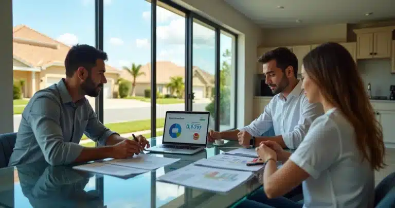 Corretora brasileira mostrando relatório de avaliação de imóvel em casa na Flórida