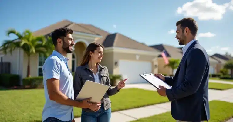 Casal brasileiro com corretora vendo casa em Orlando com placas de venda