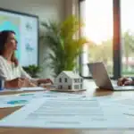 Corretor mostrando contrato de compra de casa na Flórida para casal brasileiro em reunião profissional