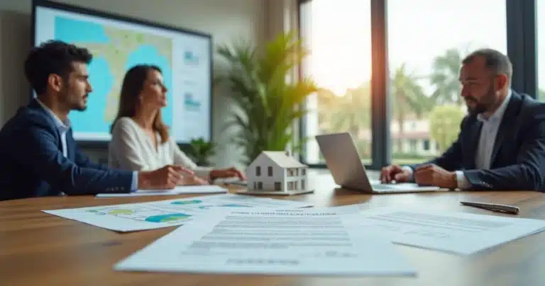 Corretor mostrando contrato de compra de casa na Flórida para casal brasileiro em reunião profissional