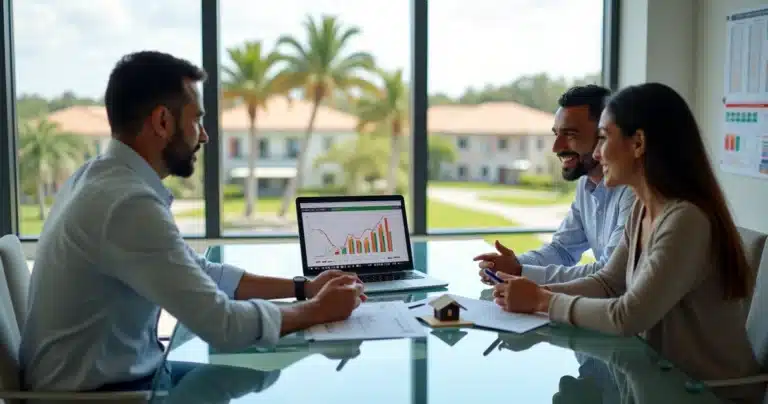Brasileiro analisando gráficos de juros ao comprar imóvel em Orlando