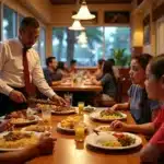 Família brasileira jantando em restaurante brasileiro em Orlando com rodízio e buffet