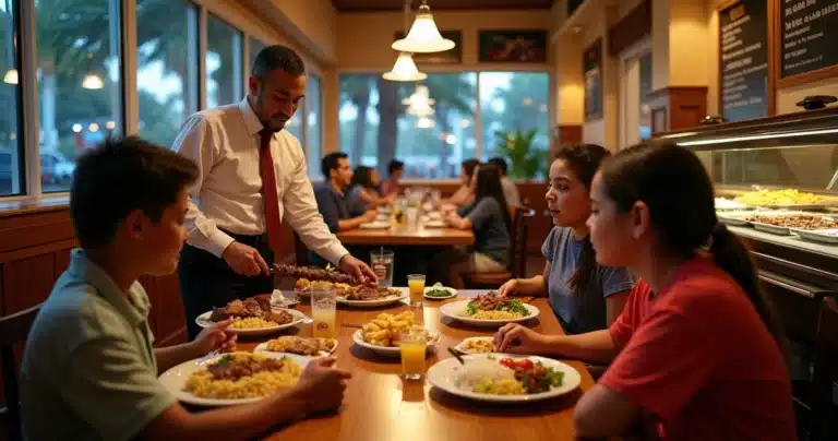 Família brasileira jantando em restaurante brasileiro em Orlando com rodízio e buffet