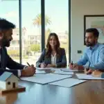 Corretora brasileira e cliente assinando documentos de fechamento de imóvel na Flórida