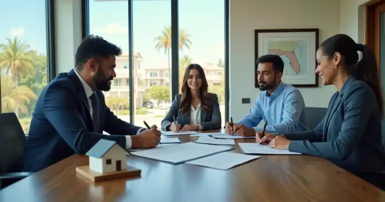 Corretora brasileira e cliente assinando documentos de fechamento de imóvel na Flórida