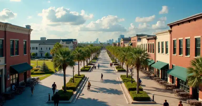 Vista aérea do centro histórico de Winter Garden na Flórida com áreas residenciais modernas ao fundo