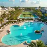 Vista aérea de piscina e área de lazer em condomínio de luxo em Orlando