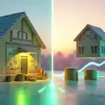 Ilustração dividida contrastando pagamento à vista e financiamento imobiliário nos EUA
