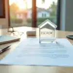 Contrato de compra de casa nos EUA com ícone de conta escrow destacado sobre a mesa