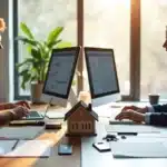 Sala dividida mostrando de um lado dono administrando imóvel e do outro empresa de gestão profissional