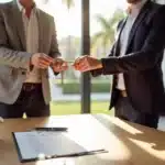Corretor entregando chaves para cliente em sala com contrato de imobiliário sobre a mesa